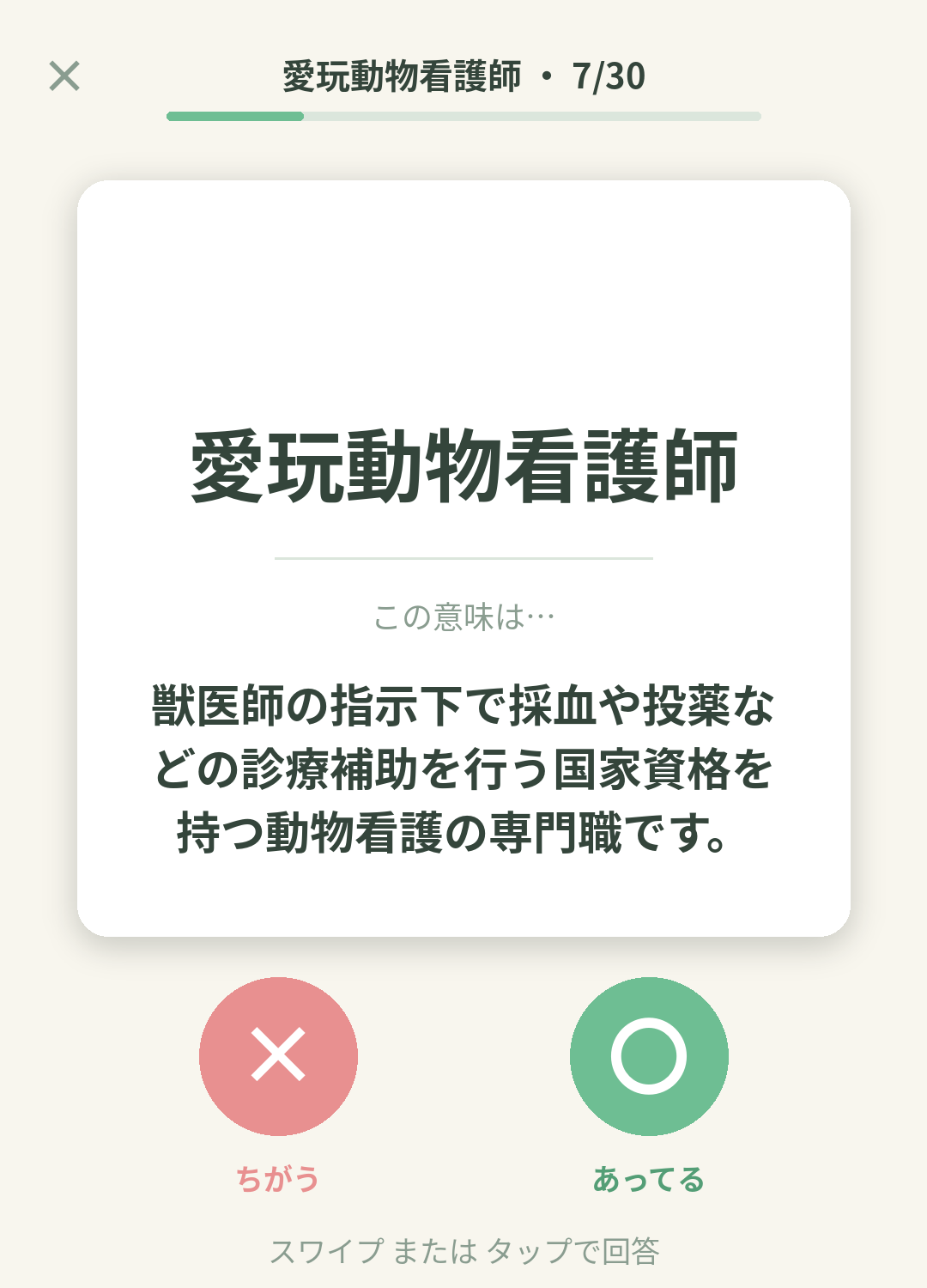 単語なうの愛玩動物看護師カード画面イメージ。用語の意味を〇×で判定する