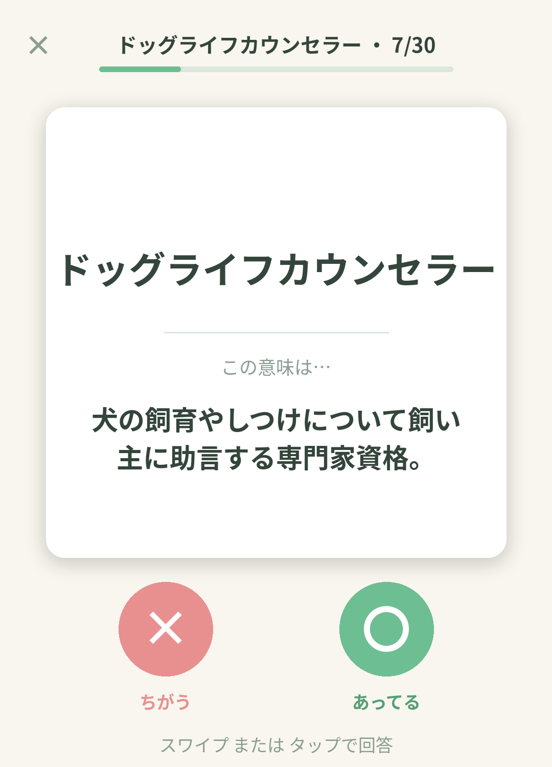 単語なうのドッグライフカウンセラーカード画面イメージ。用語の意味を〇×で判定する