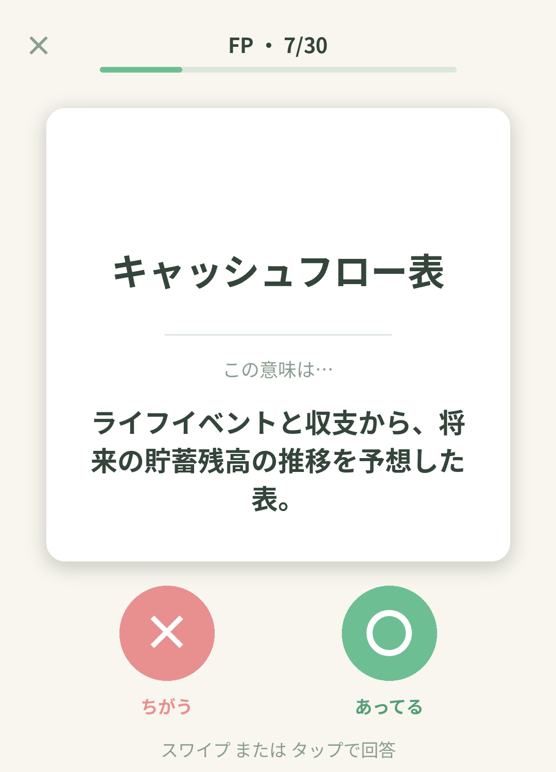 単語なうのFP（ファイナンシャルプランナー）カード画面イメージ。用語の意味を〇×で判定する