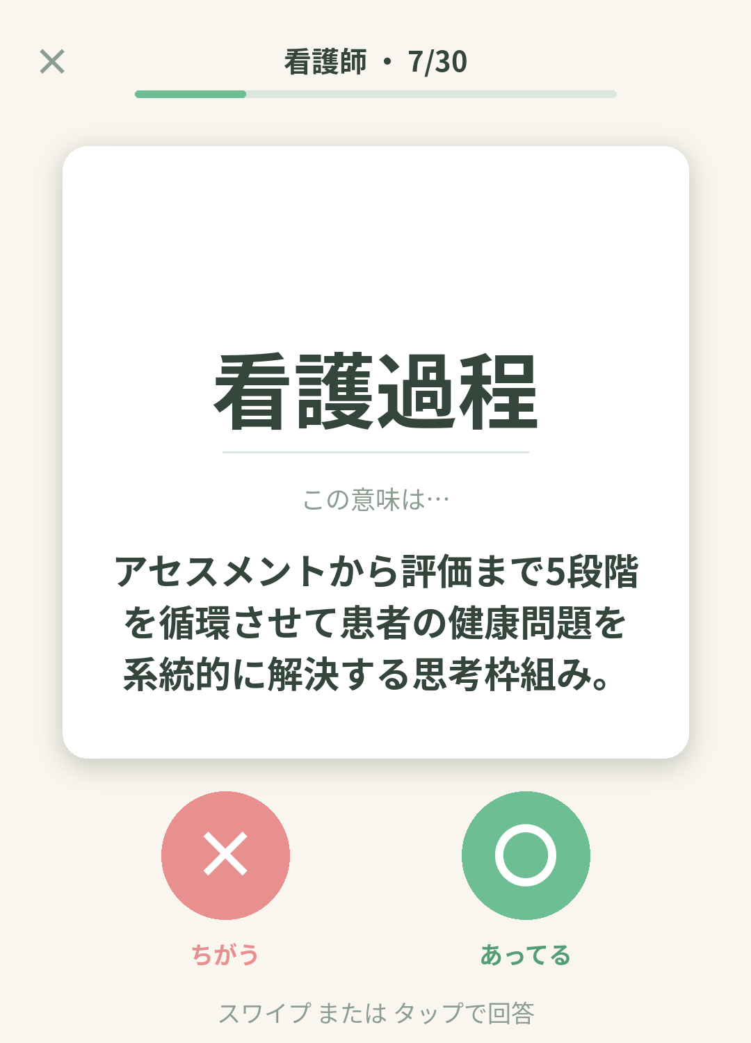 単語なうの看護師カード画面イメージ。用語の意味を〇×で判定する