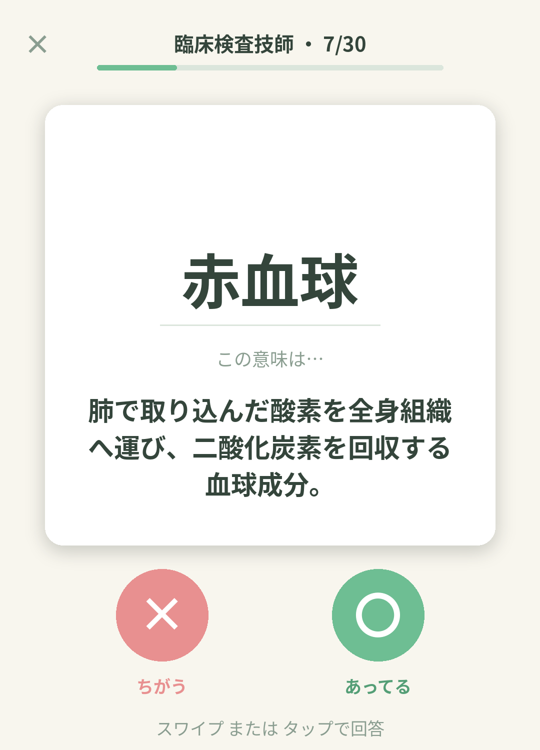 単語なうの臨床検査技師カード画面イメージ。用語の意味を〇×で判定する