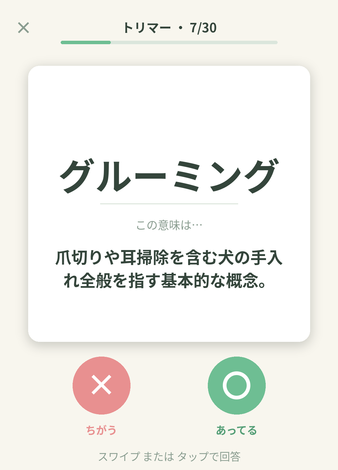 単語なうのトリマーカード画面イメージ。用語の意味を〇×で判定する